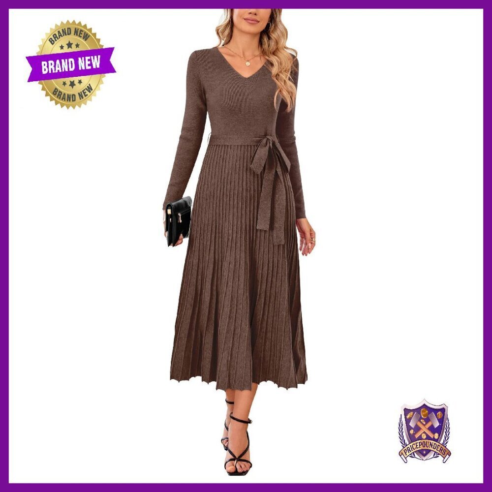 Wool Blend Tie Waist Pleated Sweater Dress V-Neck Long Sleeve